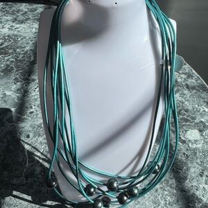 Multi-Strand Teal Statement Necklace with Dark Beads